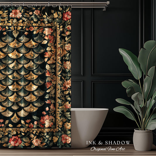 Dark Floral Nordic Inspired Shower Curtain | Pink Botanical Fairytale Bathroom Decor Woodland Ethereal Dragon Scales Medieval Aesthetic Art