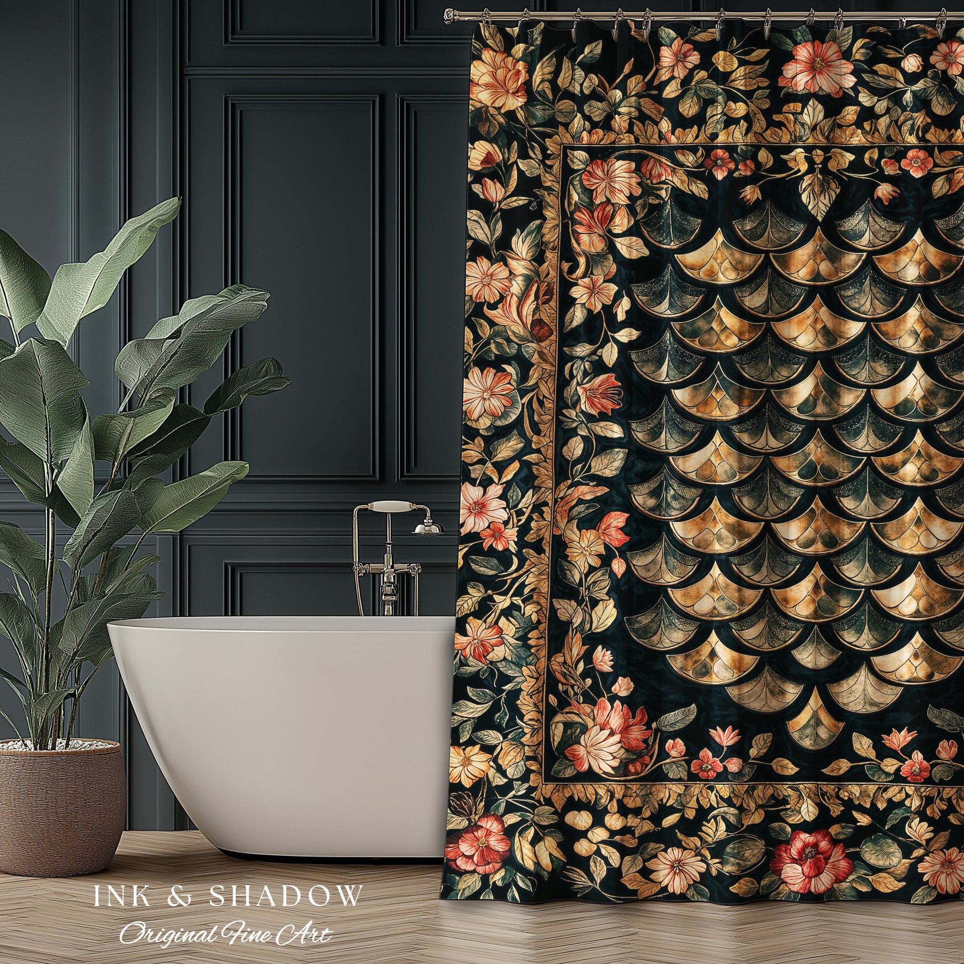 Dark Floral Nordic Inspired Shower Curtain | Pink Botanical Fairytale Bathroom Decor Woodland Ethereal Dragon Scales Medieval Aesthetic Art