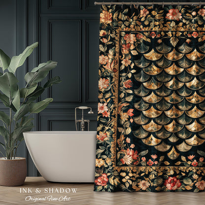 Dark Floral Nordic Inspired Shower Curtain | Pink Botanical Fairytale Bathroom Decor Woodland Ethereal Dragon Scales Medieval Aesthetic Art