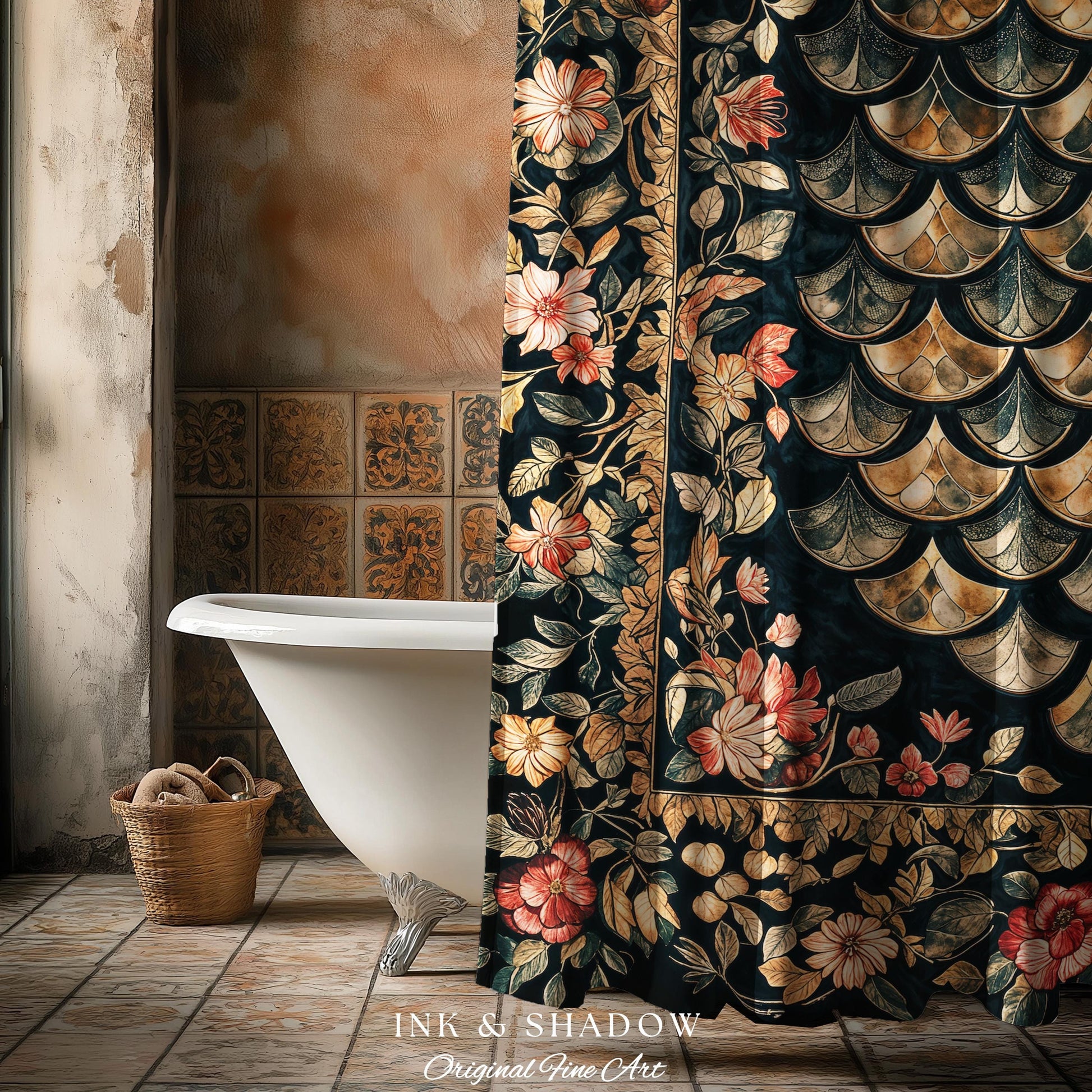 Dark Floral Nordic Inspired Shower Curtain | Pink Botanical Fairytale Bathroom Decor Woodland Ethereal Dragon Scales Medieval Aesthetic Art