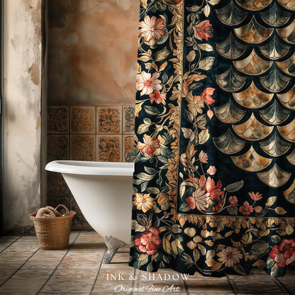 Dark Floral Nordic Inspired Shower Curtain | Pink Botanical Fairytale Bathroom Decor Woodland Ethereal Dragon Scales Medieval Aesthetic Art