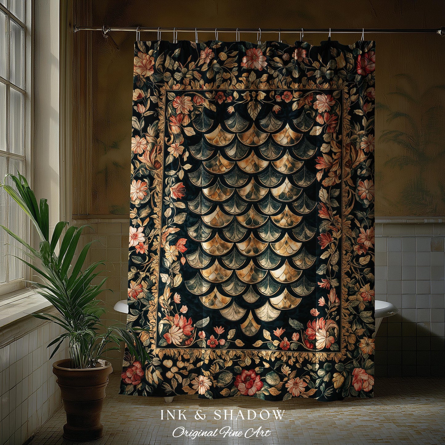 Dark Floral Nordic Inspired Shower Curtain | Pink Botanical Fairytale Bathroom Decor Woodland Ethereal Dragon Scales Medieval Aesthetic Art