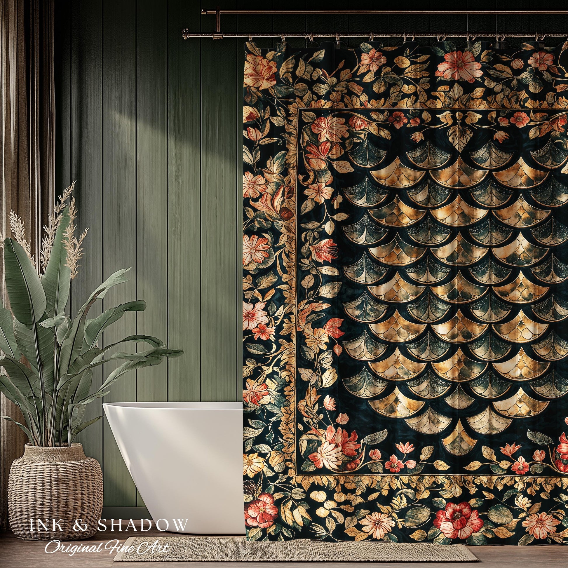 Dark Floral Nordic Inspired Shower Curtain | Pink Botanical Fairytale Bathroom Decor Woodland Ethereal Dragon Scales Medieval Aesthetic Art