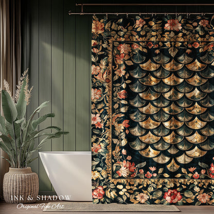 Dark Floral Nordic Inspired Shower Curtain | Pink Botanical Fairytale Bathroom Decor Woodland Ethereal Dragon Scales Medieval Aesthetic Art