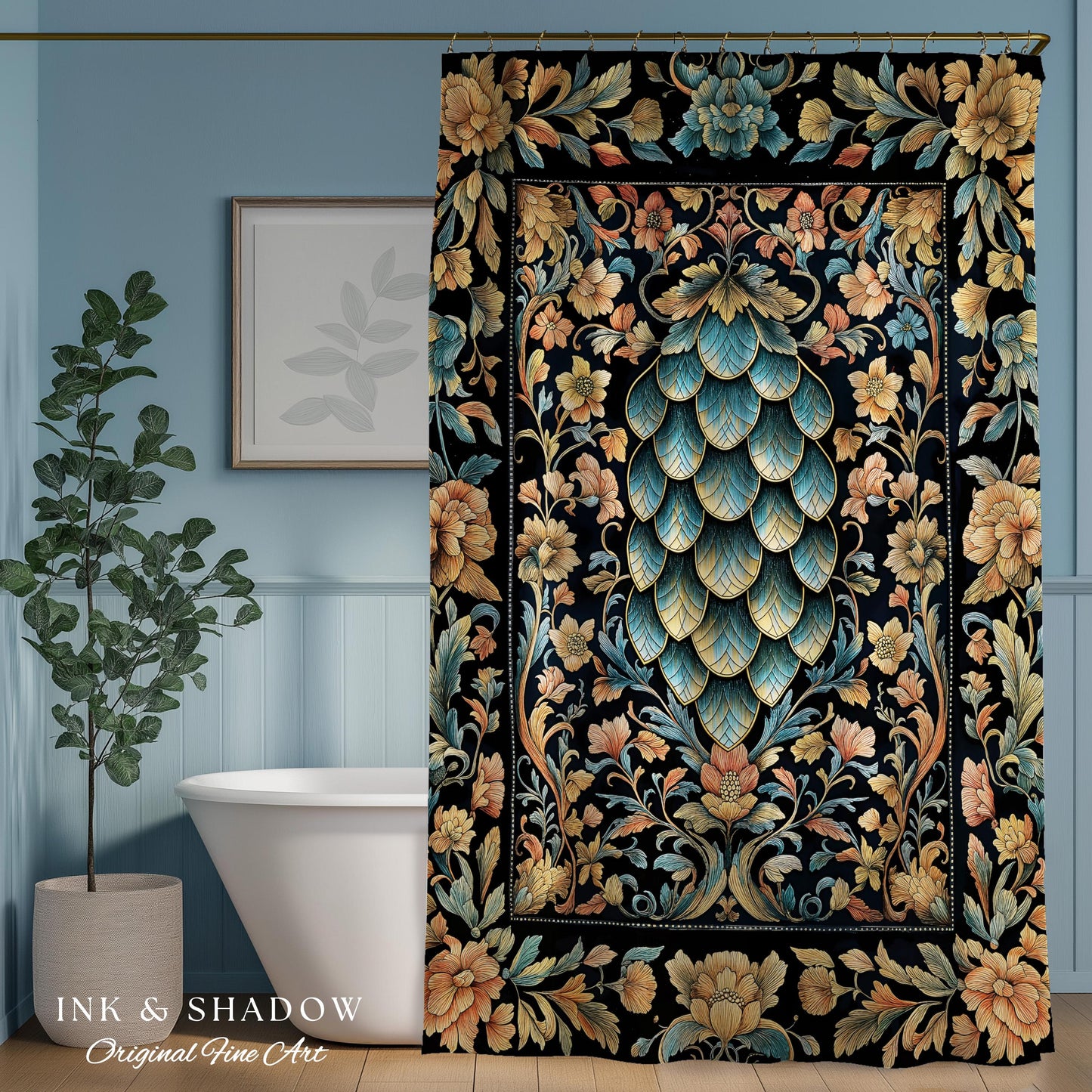 Elegant Botanical Mystic Bathroom Accent | Whimsical Ornate Dragon Scale Shower Curtain Fairytale Medieval Decorative Fairycore Fantasy |