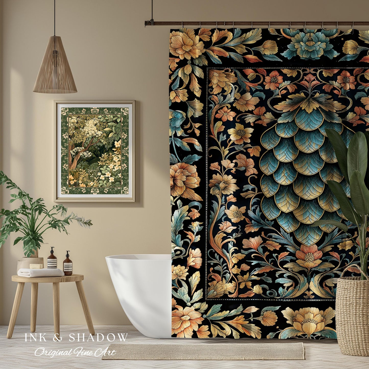 Elegant Botanical Mystic Bathroom Accent | Whimsical Ornate Dragon Scale Shower Curtain Fairytale Medieval Decorative Fairycore Fantasy |