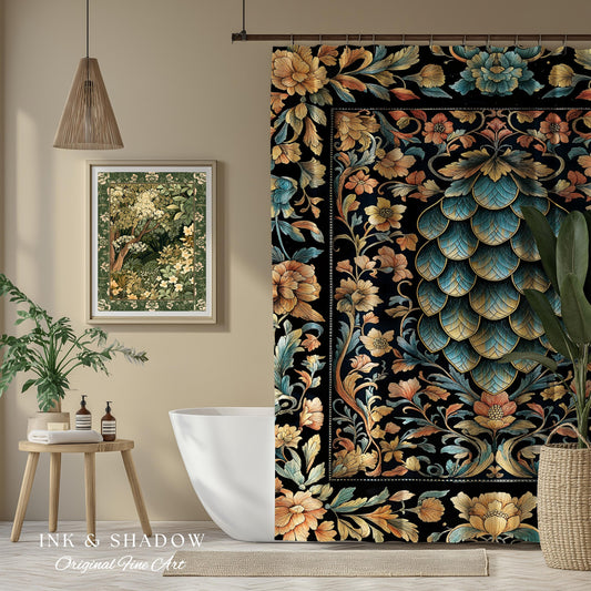 Elegant Botanical Mystic Bathroom Accent | Whimsical Ornate Dragon Scale Shower Curtain Fairytale Medieval Decorative Fairycore Fantasy |