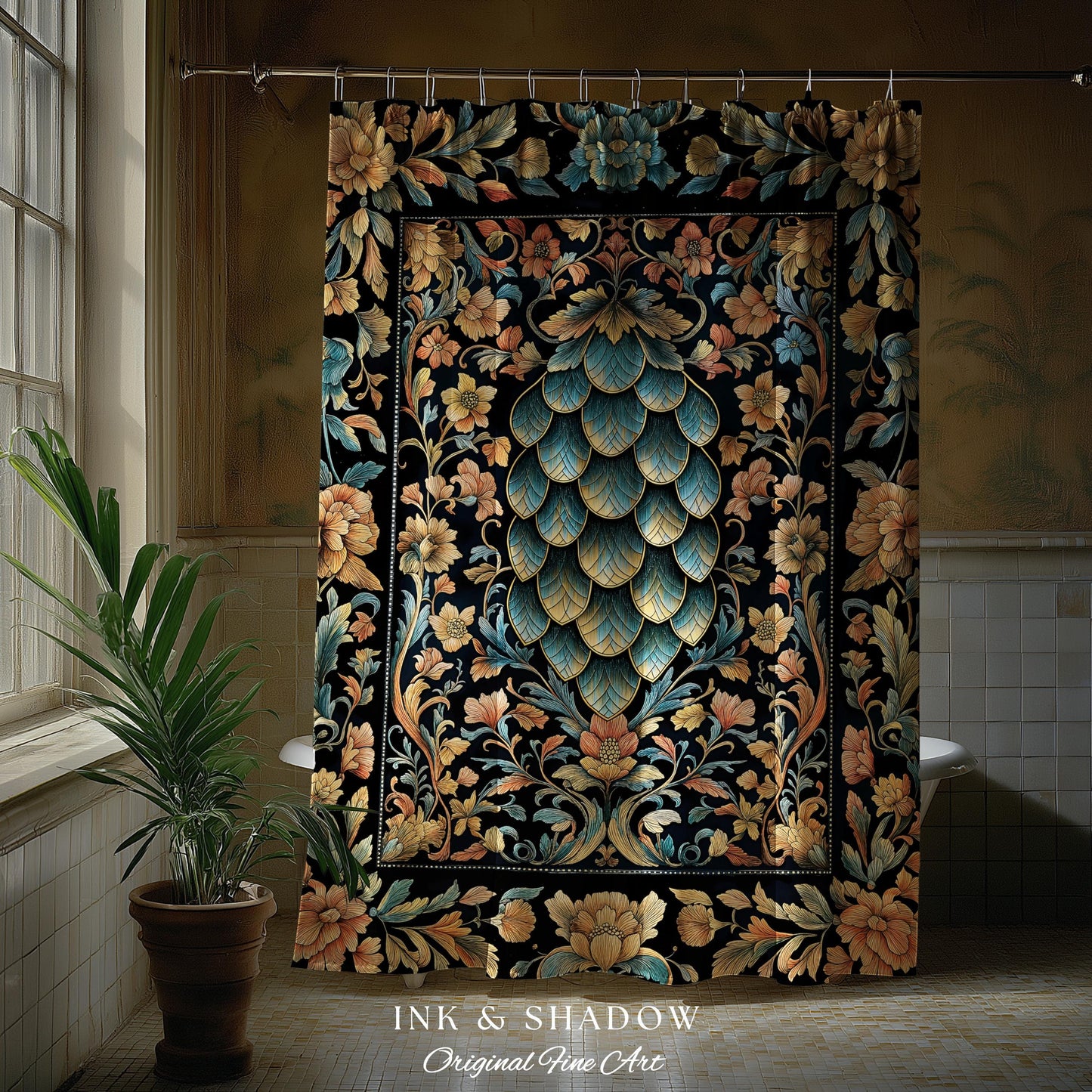Elegant Botanical Mystic Bathroom Accent | Whimsical Ornate Dragon Scale Shower Curtain Fairytale Medieval Decorative Fairycore Fantasy |
