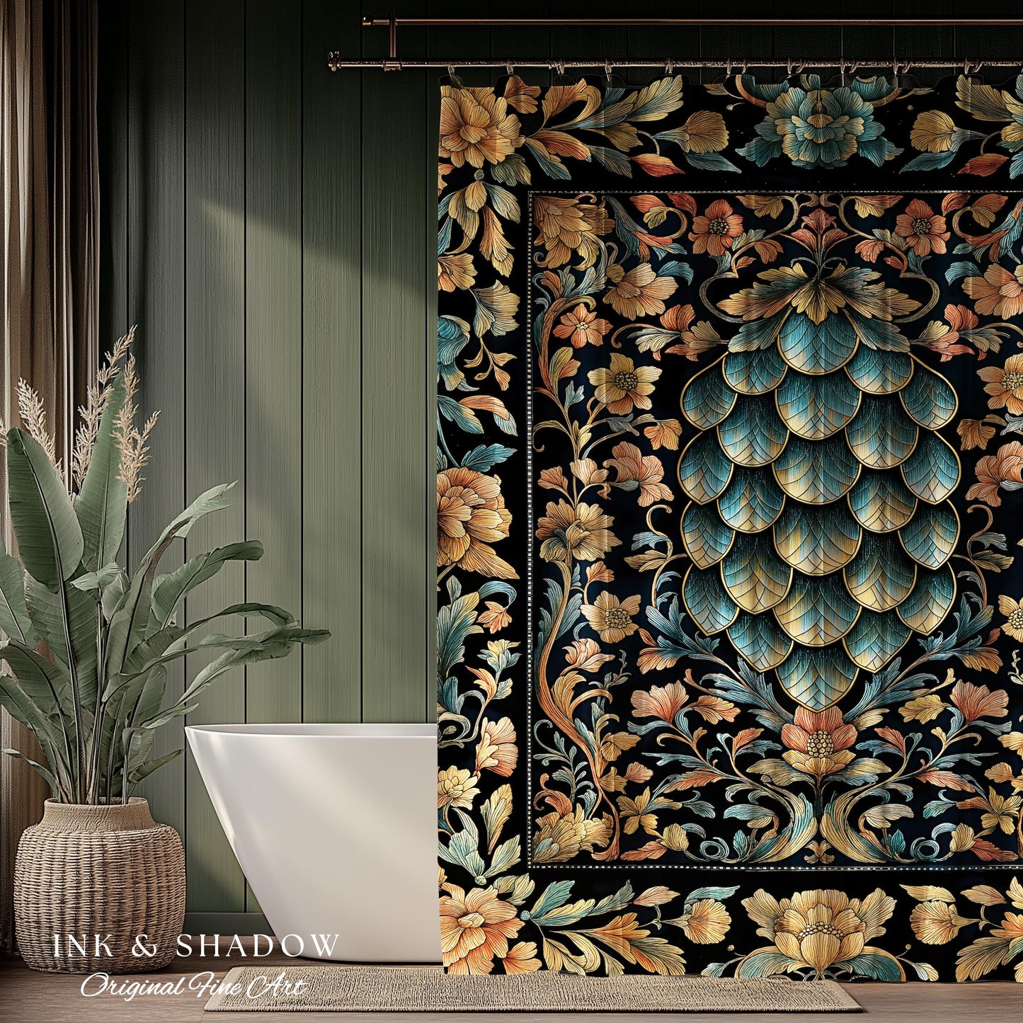 Elegant Botanical Mystic Bathroom Accent | Whimsical Ornate Dragon Scale Shower Curtain Fairytale Medieval Decorative Fairycore Fantasy |