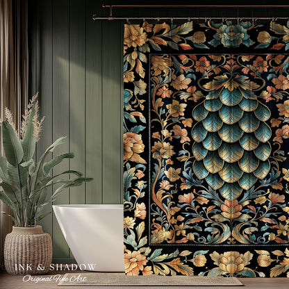 Elegant Botanical Mystic Bathroom Accent | Whimsical Ornate Dragon Scale Shower Curtain Fairytale Medieval Decorative Fairycore Fantasy |