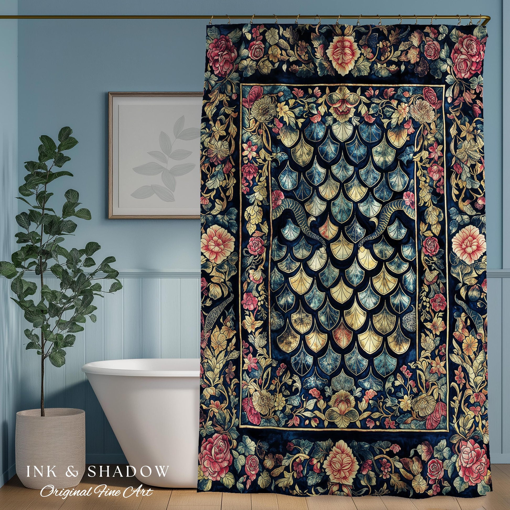 Baroque Elegance Whimsical Dragon Scale Shower Curtain | Moody Botanical Fantasy Themed Nordic Style Dark Academia Ornate Bathroom Medieval