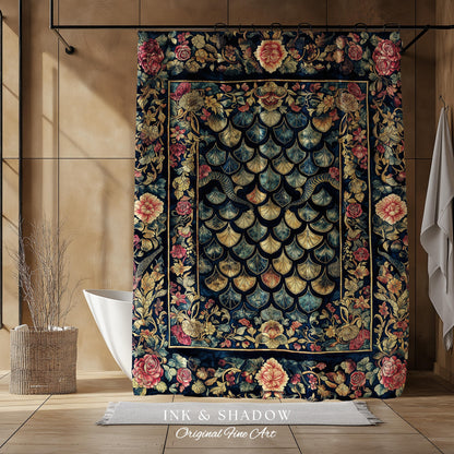 Baroque Elegance Whimsical Dragon Scale Shower Curtain | Moody Botanical Fantasy Themed Nordic Style Dark Academia Ornate Bathroom Medieval