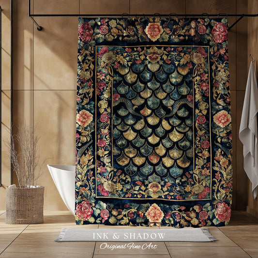 Baroque Elegance Whimsical Dragon Scale Shower Curtain | Moody Botanical Fantasy Themed Nordic Style Dark Academia Ornate Bathroom Medieval