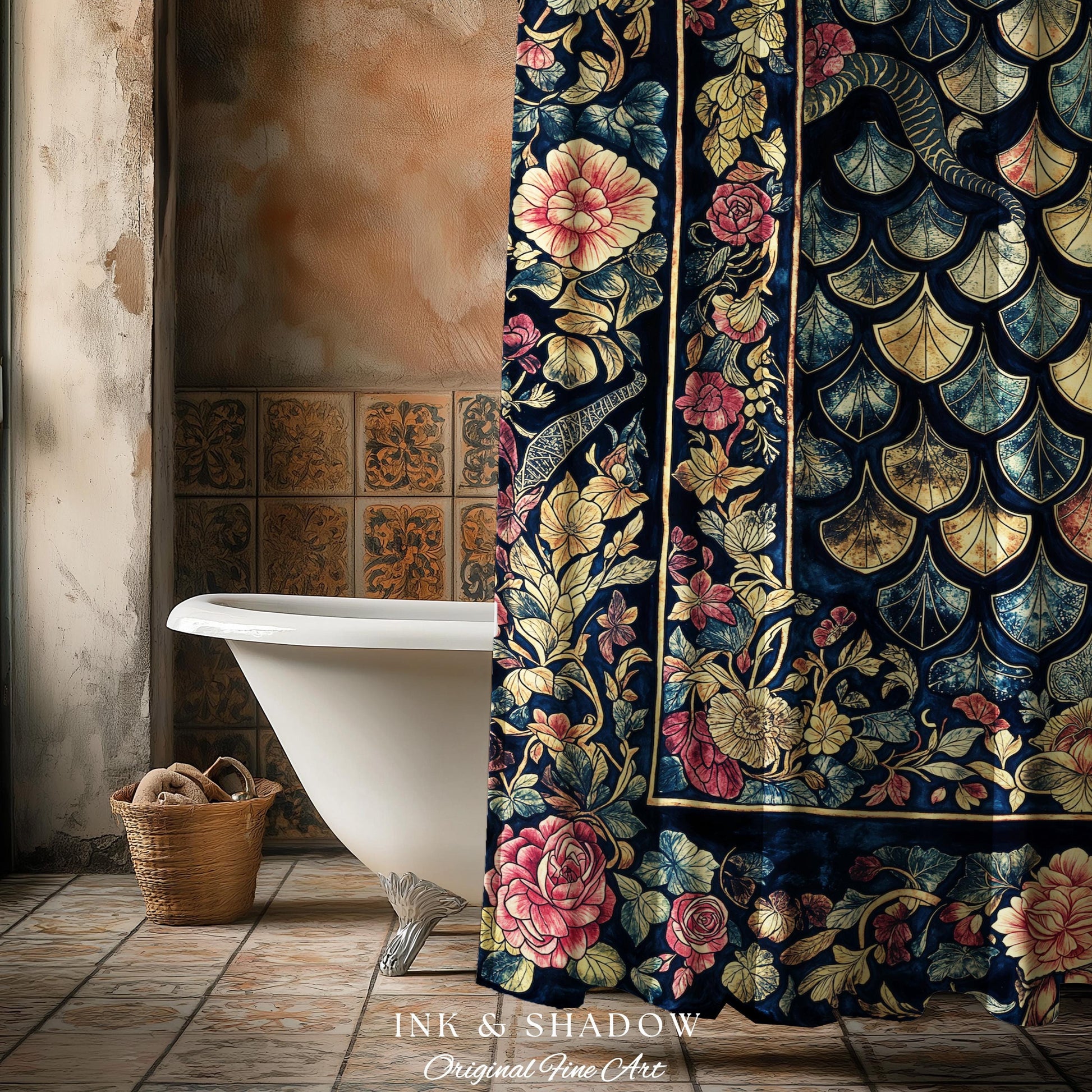 Baroque Elegance Whimsical Dragon Scale Shower Curtain | Moody Botanical Fantasy Themed Nordic Style Dark Academia Ornate Bathroom Medieval