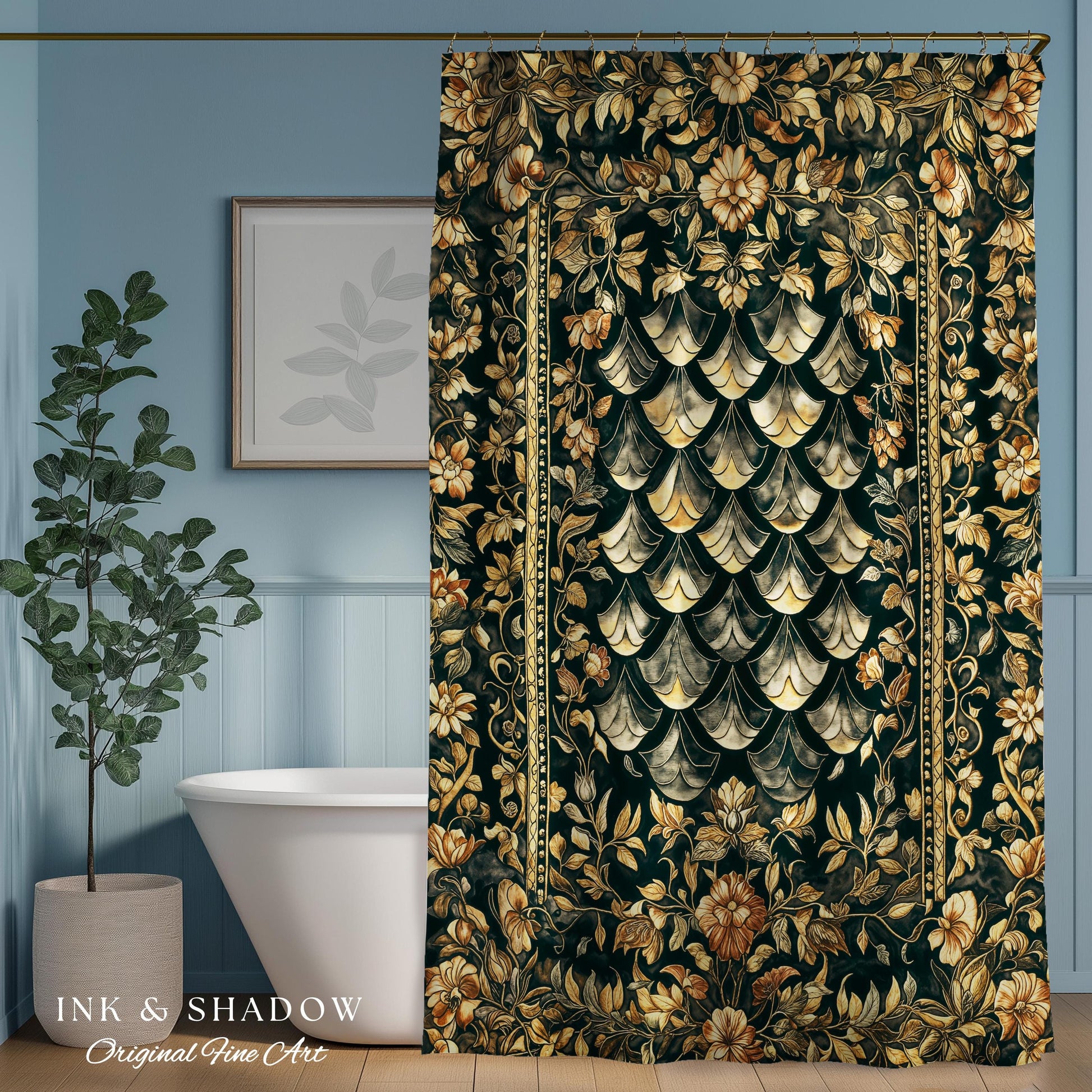 Gothic Dragon Scale Ornate Shower Curtain | Eclectic Dark Academia Bathroom accent Whimsical Moody Botanical Golden Aesthetic Fantasy Style