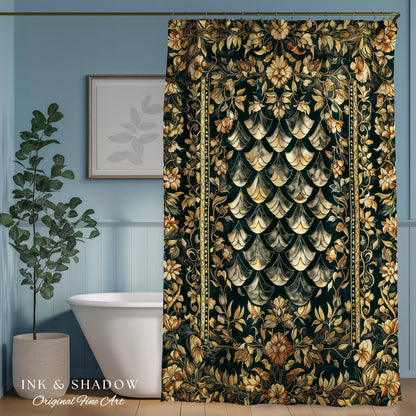 Gothic Dragon Scale Ornate Shower Curtain | Eclectic Dark Academia Bathroom accent Whimsical Moody Botanical Golden Aesthetic Fantasy Style