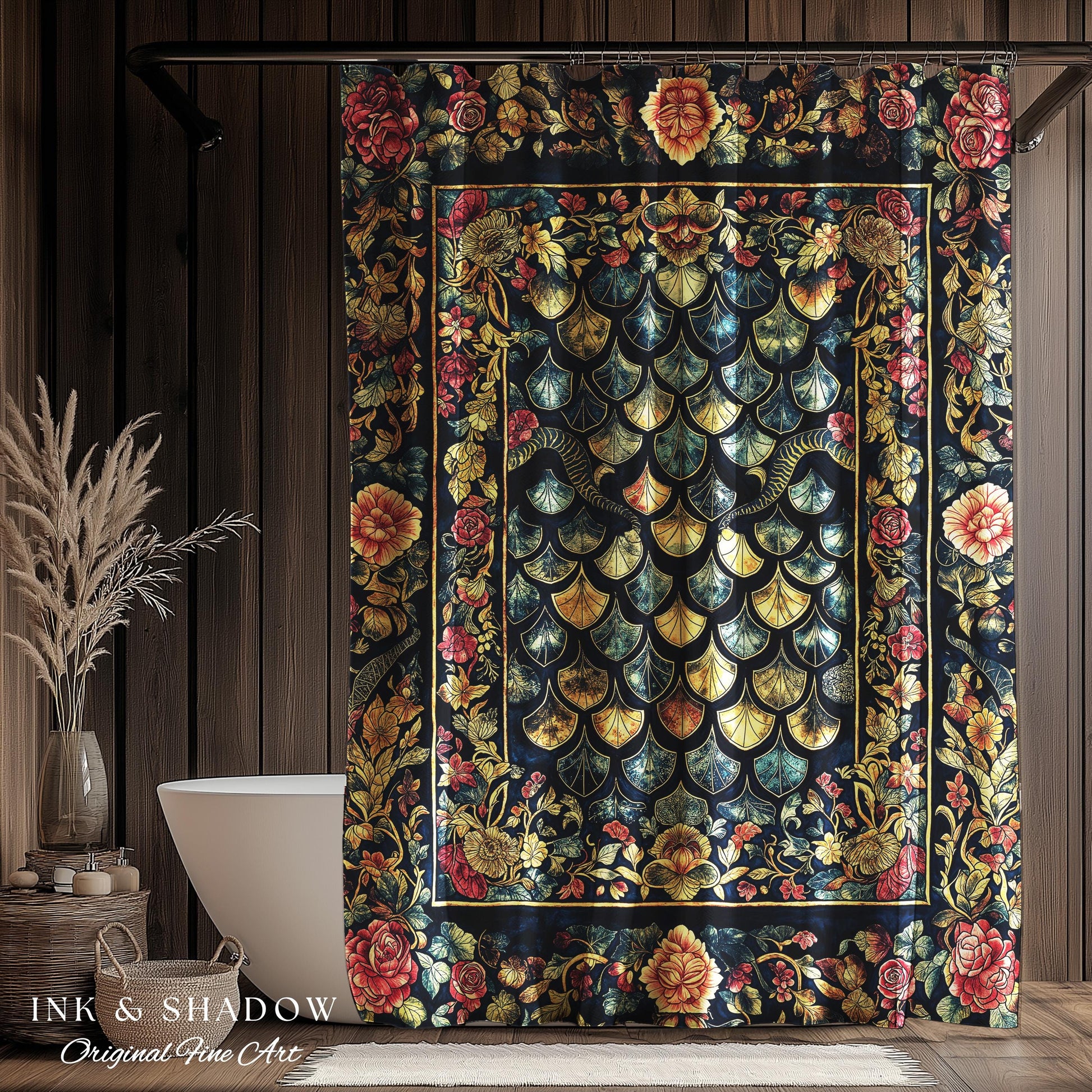 Baroque Elegance Whimsical Dragon Scale Shower Curtain | Moody Botanical Fantasy Themed Nordic Style Dark Academia Ornate Bathroom Medieval