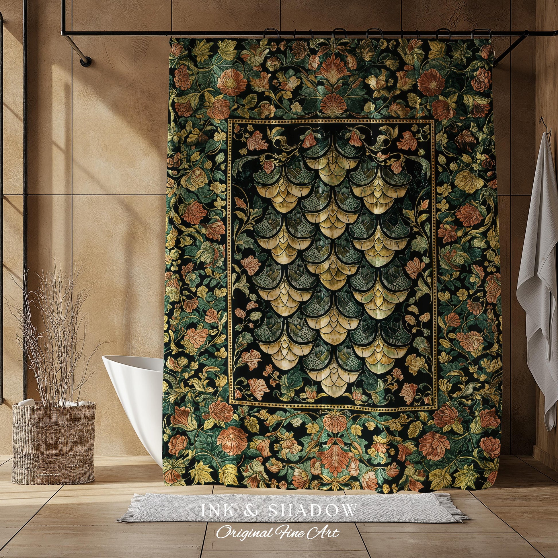 Moody Mysticism Dragon Scale Shower Curtain | Dark Cottagecore Magical Medieval Bathroom Ornate Victorian Fantasy Aesthetic Book Nook Style