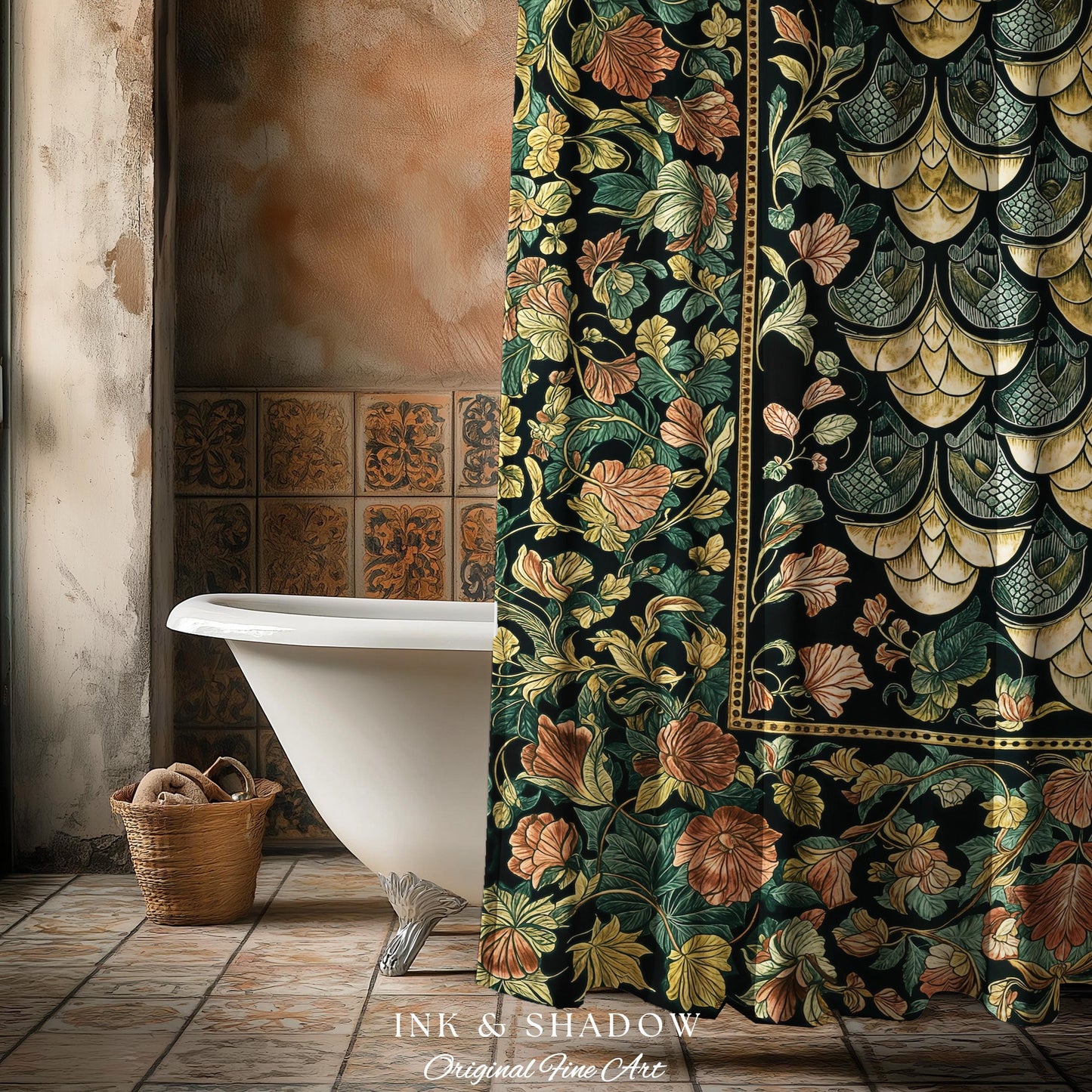 Moody Mysticism Dragon Scale Shower Curtain | Dark Cottagecore Magical Medieval Bathroom Ornate Victorian Fantasy Aesthetic Book Nook Style