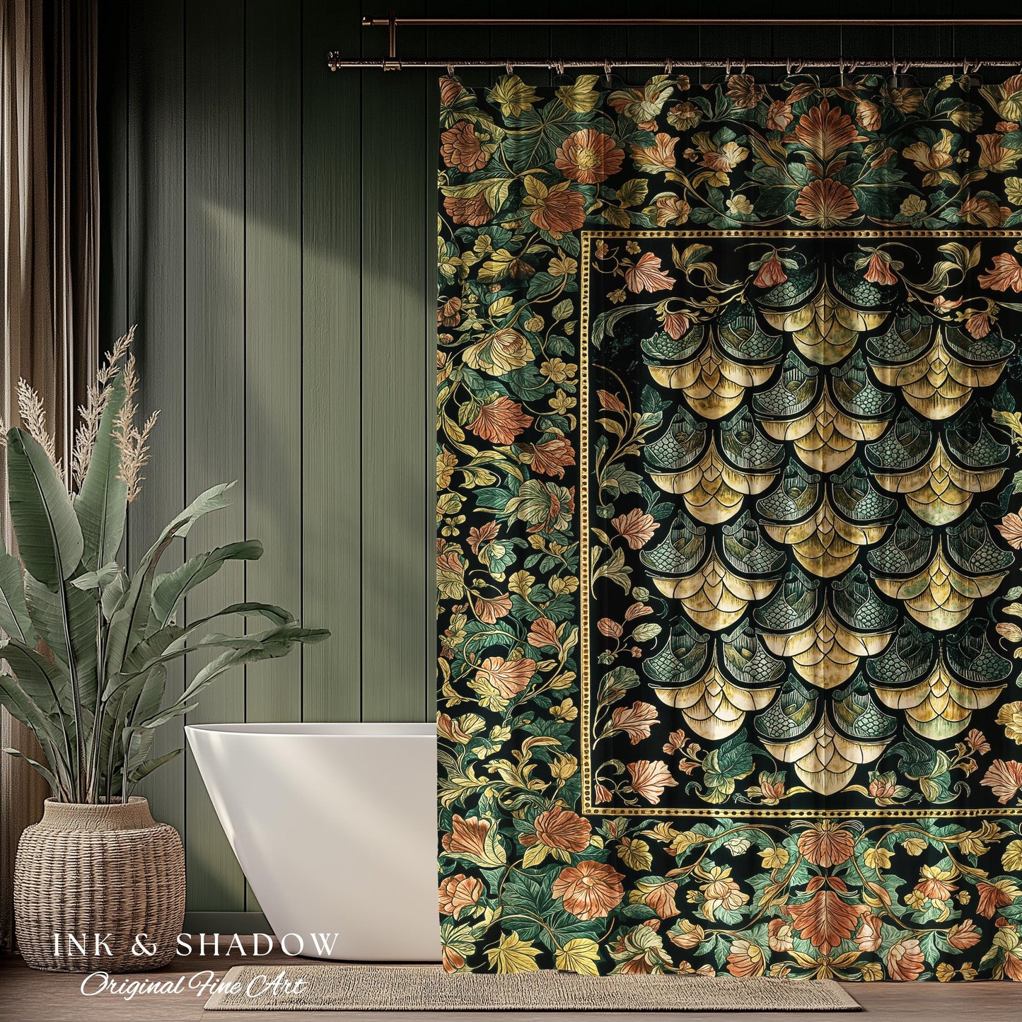 Moody Mysticism Dragon Scale Shower Curtain | Dark Cottagecore Magical Medieval Bathroom Ornate Victorian Fantasy Aesthetic Book Nook Style