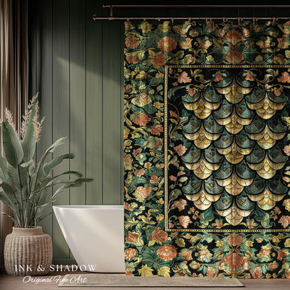 Moody Mysticism Dragon Scale Shower Curtain | Dark Cottagecore Magical Medieval Bathroom Ornate Victorian Fantasy Aesthetic Book Nook Style