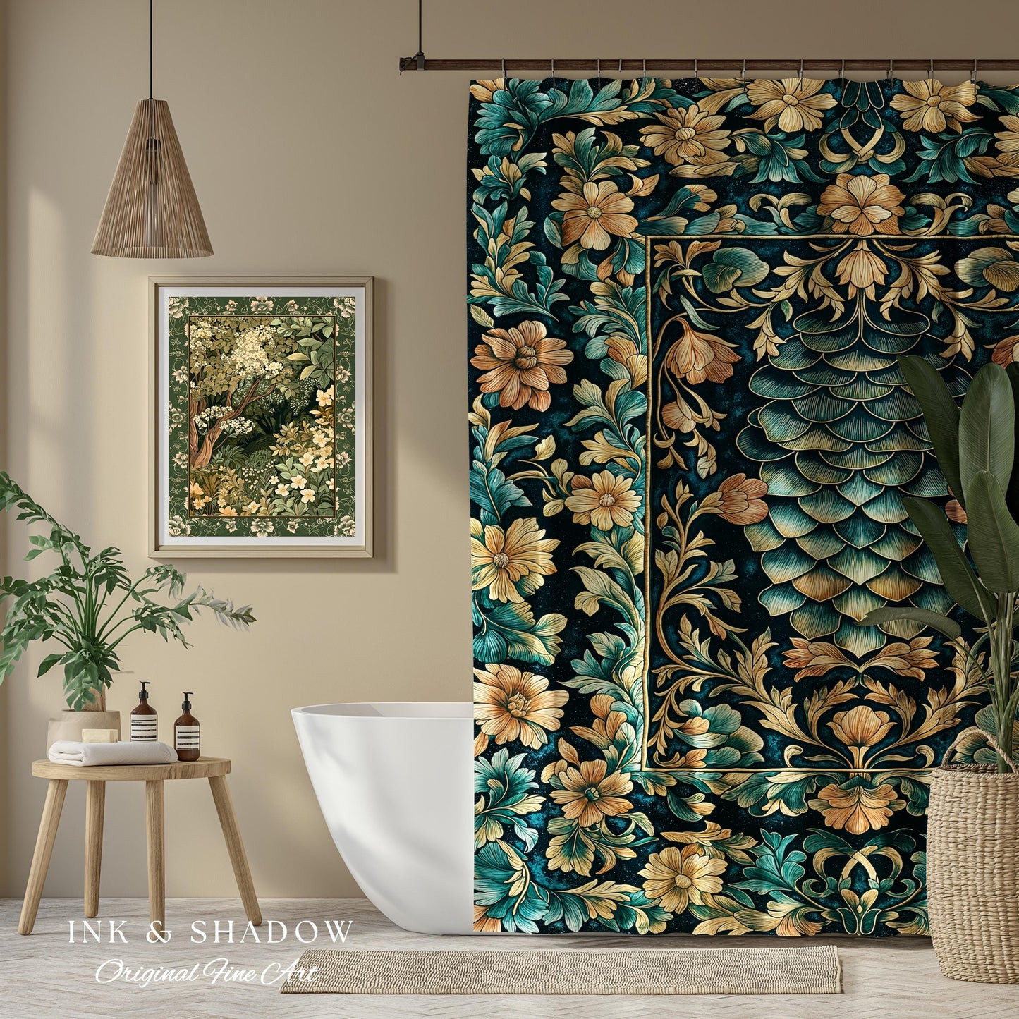 Flower Decorated Dragon Scale Shower Curtain | Nordic Style Dark Academia Fantasy Bathroom Medieval Home Accent Ornate Victorian Whimsy Goth