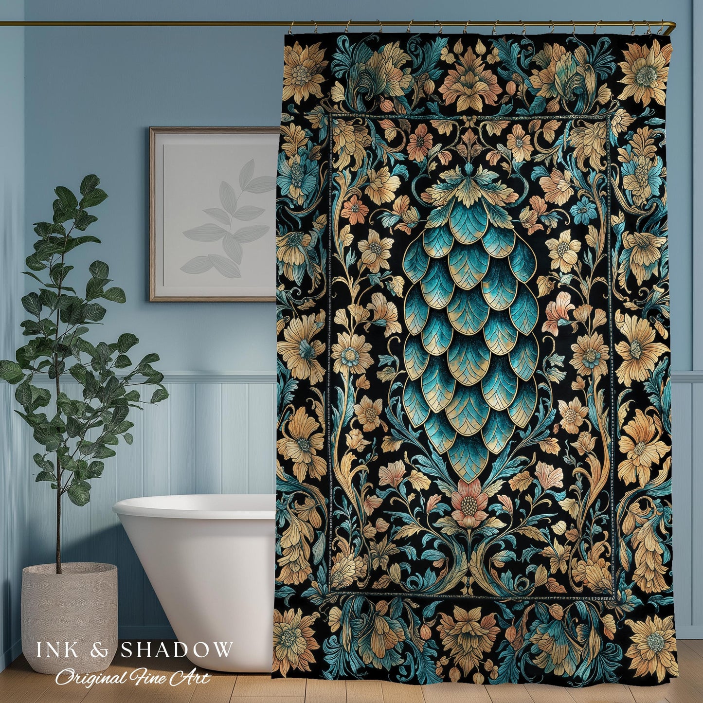 Arcane Elegance Enchanted Shower Curtain | Dark Academia Whimsical Gothic Fantasy Bathroom Ornate Medieval Botanical Dragon Scale Ethereal |