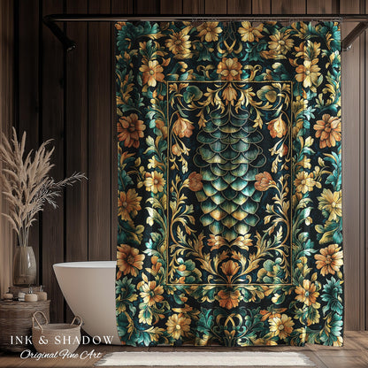 Flower Decorated Dragon Scale Shower Curtain | Nordic Style Dark Academia Fantasy Bathroom Medieval Home Accent Ornate Victorian Whimsy Goth