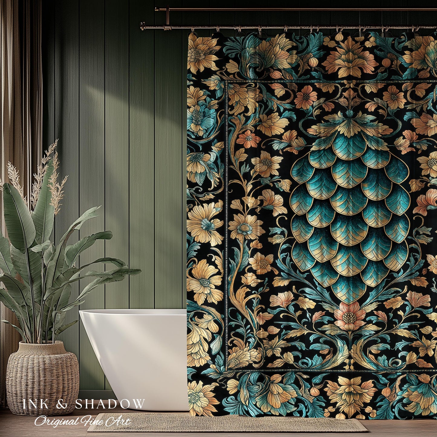 Arcane Elegance Enchanted Shower Curtain | Dark Academia Whimsical Gothic Fantasy Bathroom Ornate Medieval Botanical Dragon Scale Ethereal |