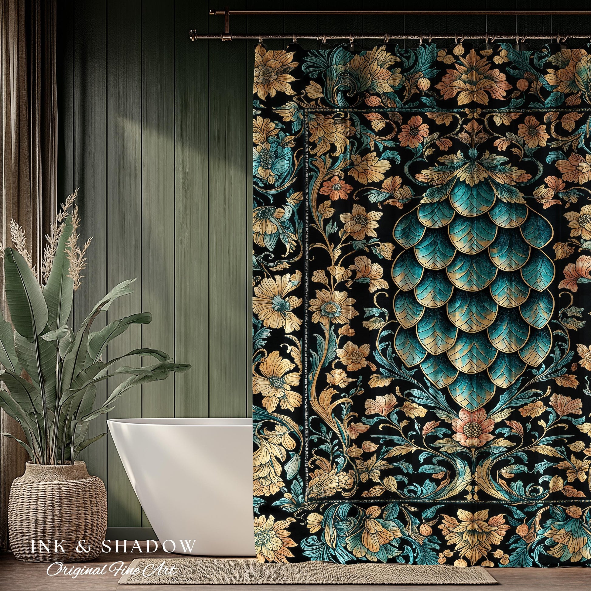 Arcane Elegance Enchanted Shower Curtain | Dark Academia Whimsical Gothic Fantasy Bathroom Ornate Medieval Botanical Dragon Scale Ethereal |