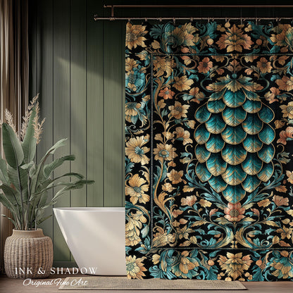 Arcane Elegance Enchanted Shower Curtain | Dark Academia Whimsical Gothic Fantasy Bathroom Ornate Medieval Botanical Dragon Scale Ethereal |