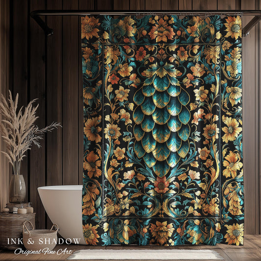 Arcane Elegance Enchanted Shower Curtain | Dark Academia Whimsical Gothic Fantasy Bathroom Ornate Medieval Botanical Dragon Scale Ethereal |