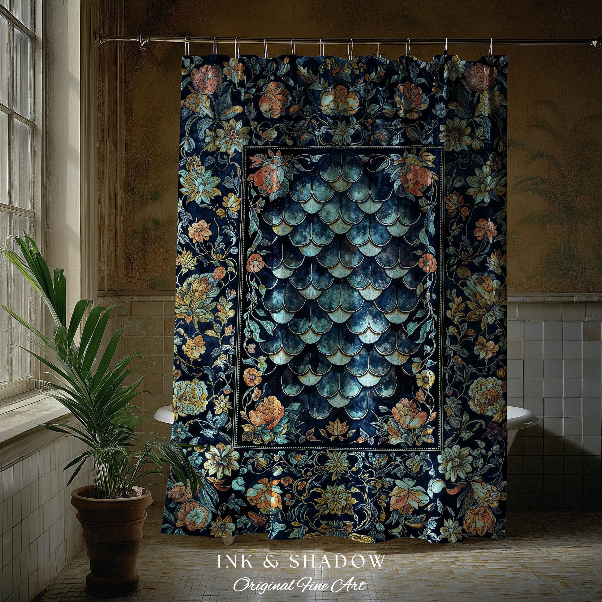 Dreamy Botanicals Dragon Scale Shower Curtain | Dark Academia Aesthetic Fairytale Bathroom Cottagecore Ocean Blue Decor Whimsical Gothic |