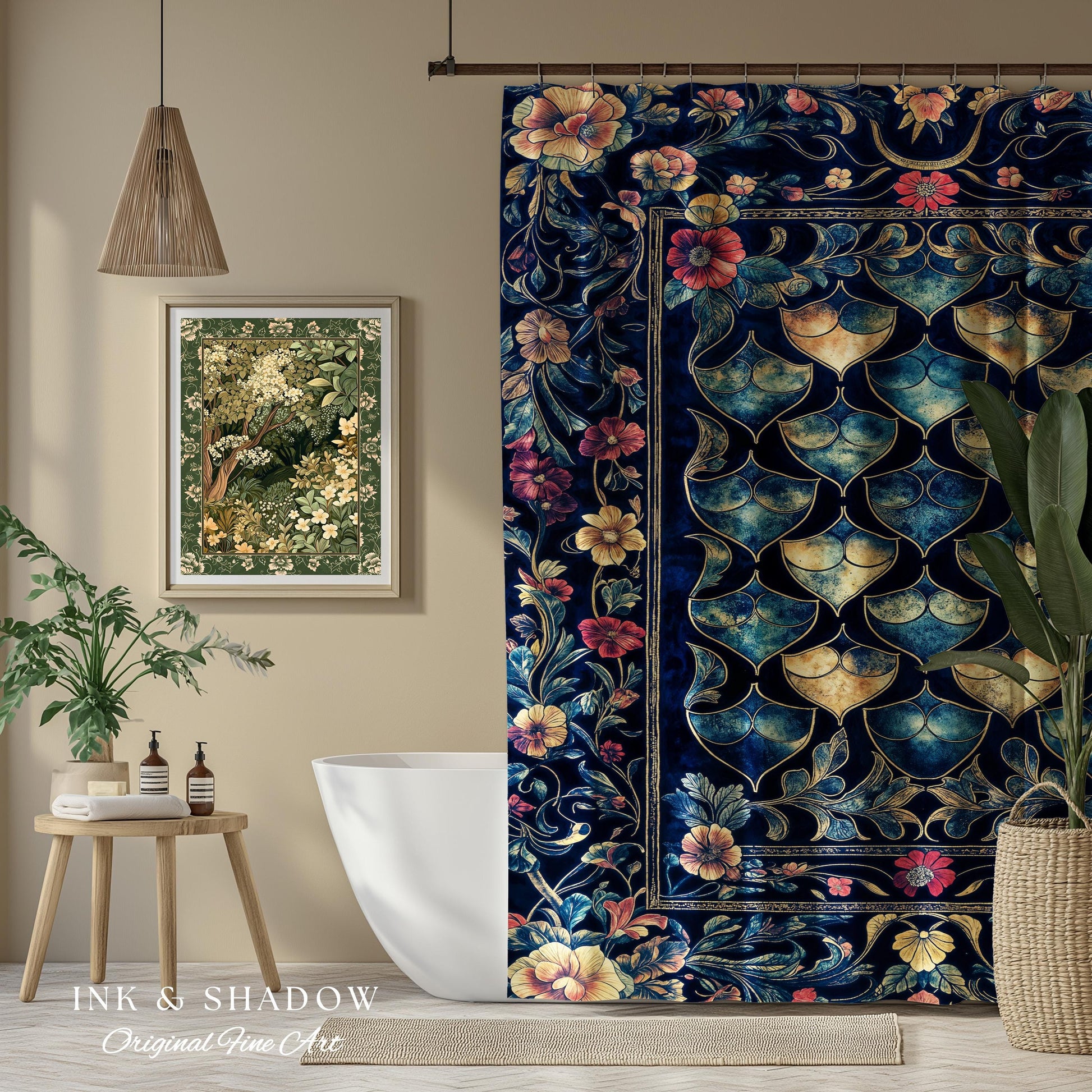 Medieval Dragon Scale Victorian Shower Curtain | Dark Navy Blue Gothic Dark Academia Aesthetic Fairytale Home Decor Enchanted Bathroom Panel