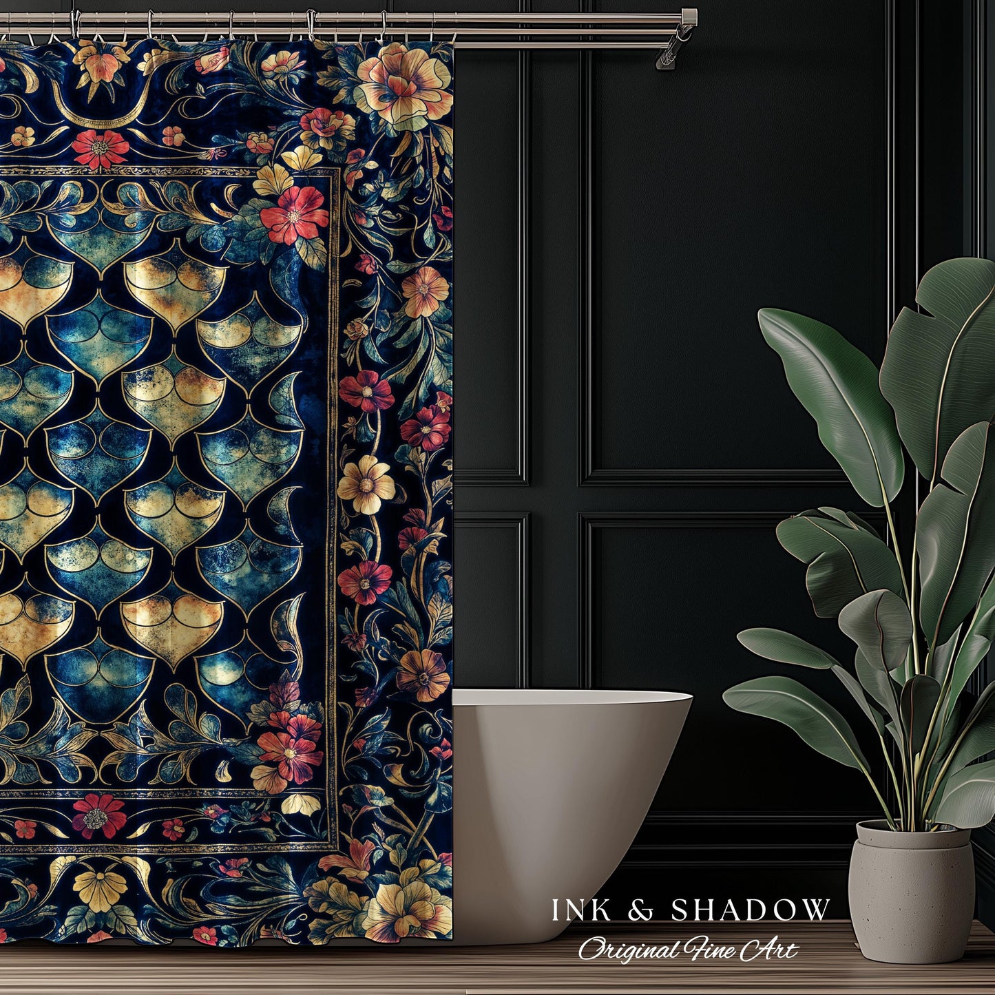 Medieval Dragon Scale Victorian Shower Curtain | Dark Navy Blue Gothic Dark Academia Aesthetic Fairytale Home Decor Enchanted Bathroom Panel