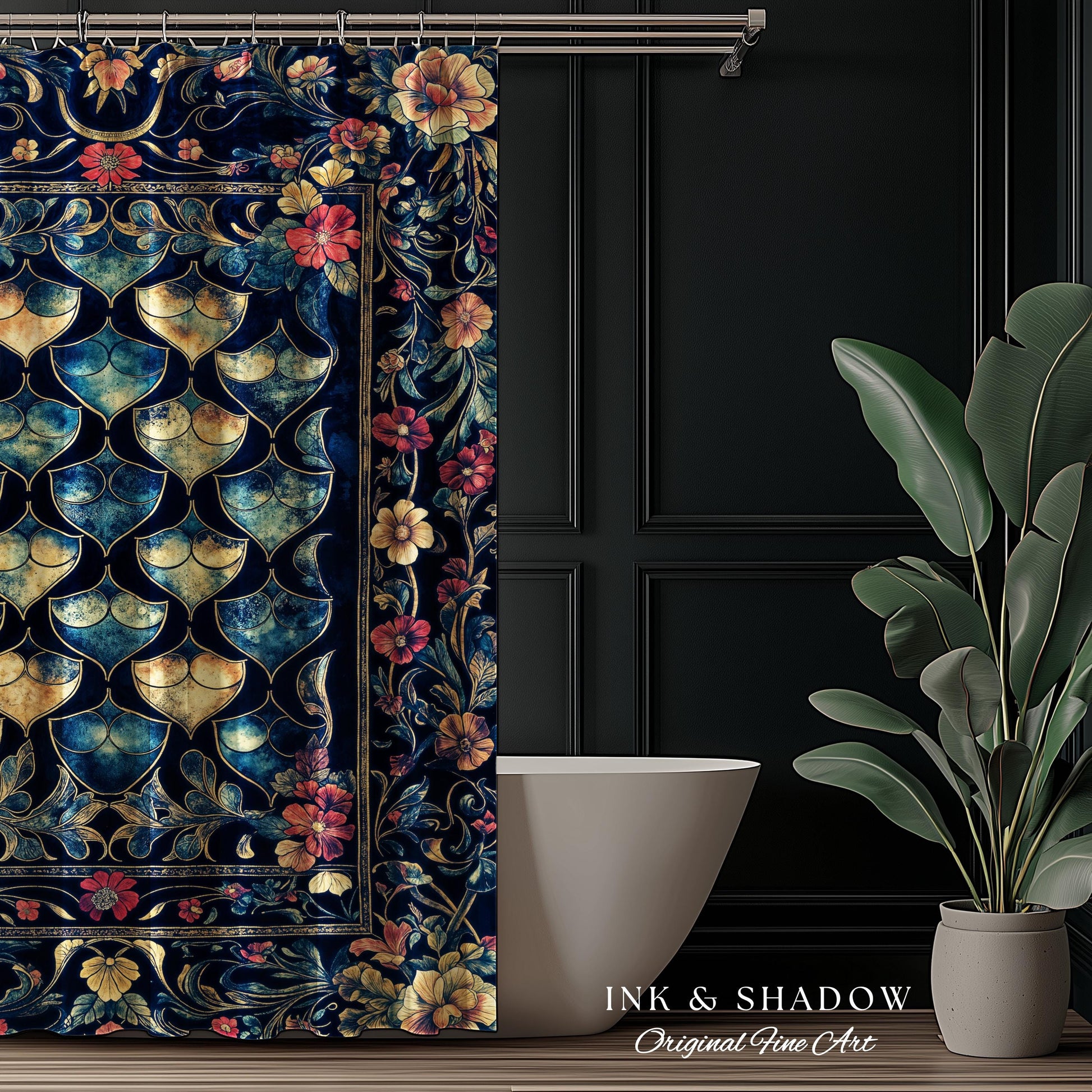 Medieval Dragon Scale Victorian Shower Curtain | Dark Navy Blue Gothic Dark Academia Aesthetic Fairytale Home Decor Enchanted Bathroom Panel