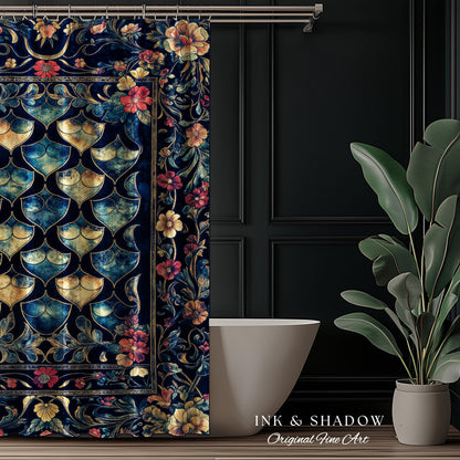 Medieval Dragon Scale Victorian Shower Curtain | Dark Navy Blue Gothic Dark Academia Aesthetic Fairytale Home Decor Enchanted Bathroom Panel