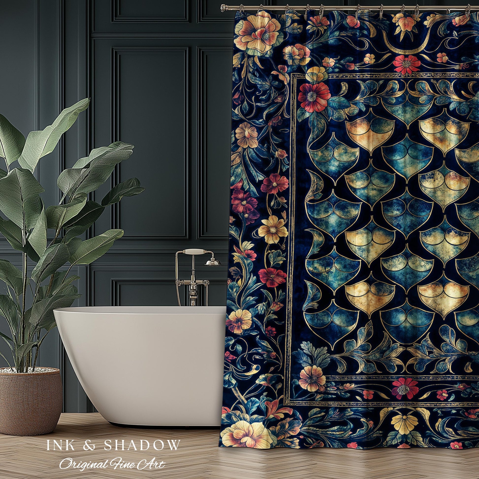 Medieval Dragon Scale Victorian Shower Curtain | Dark Navy Blue Gothic Dark Academia Aesthetic Fairytale Home Decor Enchanted Bathroom Panel