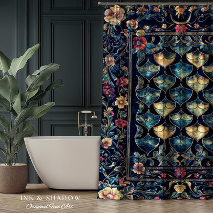 Medieval Dragon Scale Victorian Shower Curtain | Dark Navy Blue Gothic Dark Academia Aesthetic Fairytale Home Decor Enchanted Bathroom Panel