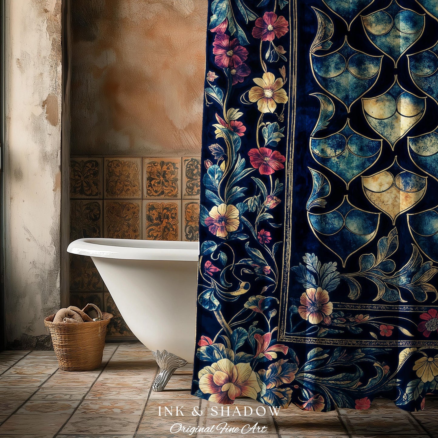 Medieval Dragon Scale Victorian Shower Curtain | Dark Navy Blue Gothic Dark Academia Aesthetic Fairytale Home Decor Enchanted Bathroom Panel
