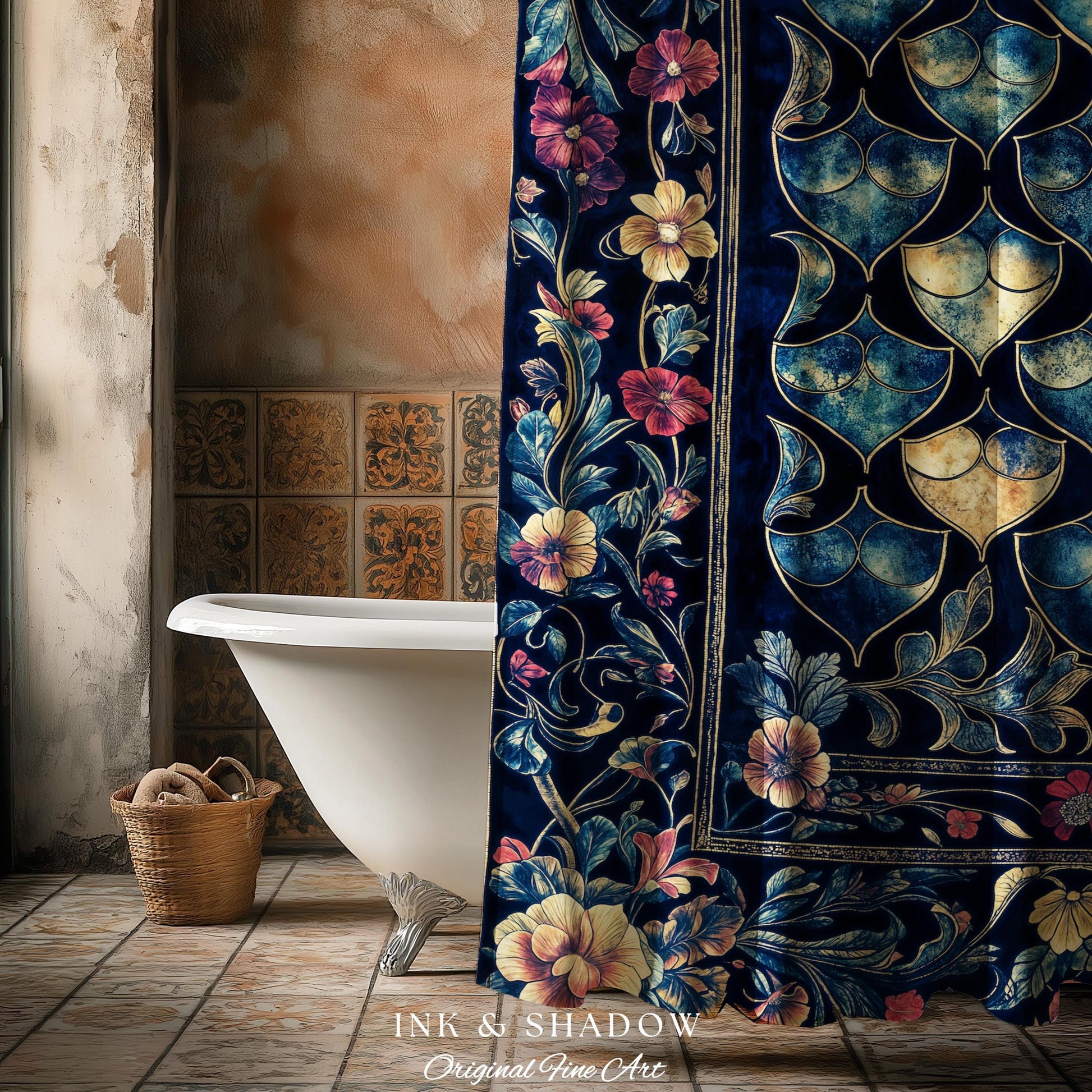 Medieval Dragon Scale Victorian Shower Curtain | Dark Navy Blue Gothic Dark Academia Aesthetic Fairytale Home Decor Enchanted Bathroom Panel