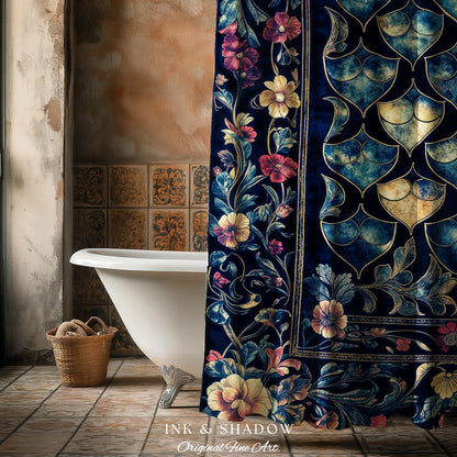 Medieval Dragon Scale Victorian Shower Curtain | Dark Navy Blue Gothic Dark Academia Aesthetic Fairytale Home Decor Enchanted Bathroom Panel