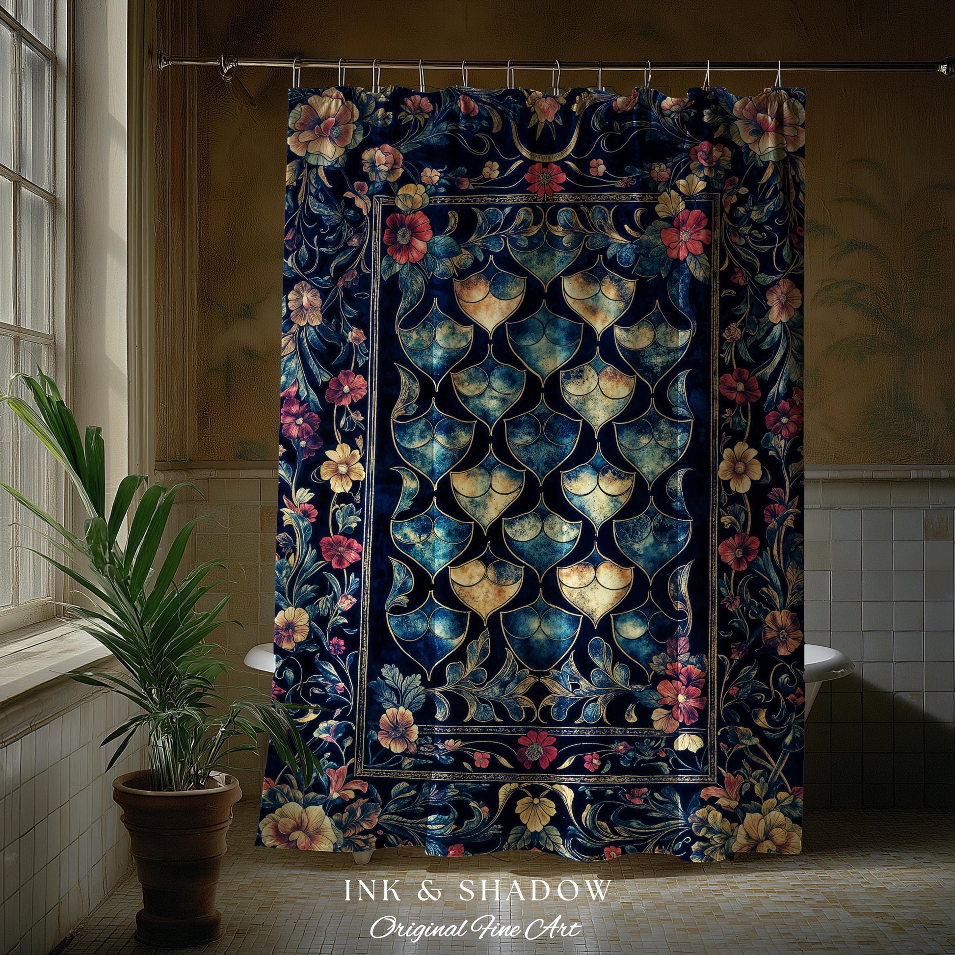 Medieval Dragon Scale Victorian Shower Curtain | Dark Navy Blue Gothic Dark Academia Aesthetic Fairytale Home Decor Enchanted Bathroom Panel