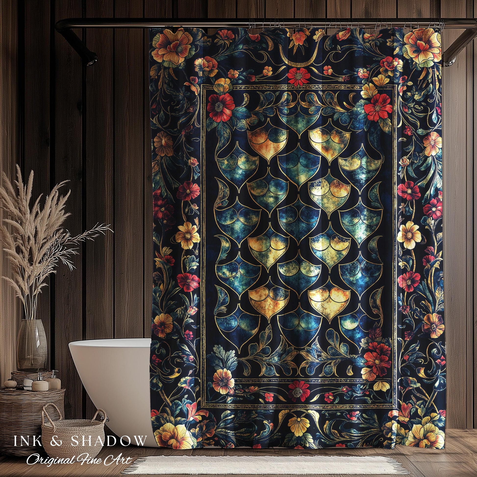 Medieval Dragon Scale Victorian Shower Curtain | Dark Navy Blue Gothic Dark Academia Aesthetic Fairytale Home Decor Enchanted Bathroom Panel