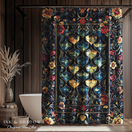 Medieval Dragon Scale Victorian Shower Curtain | Dark Navy Blue Gothic Dark Academia Aesthetic Fairytale Home Decor Enchanted Bathroom Panel