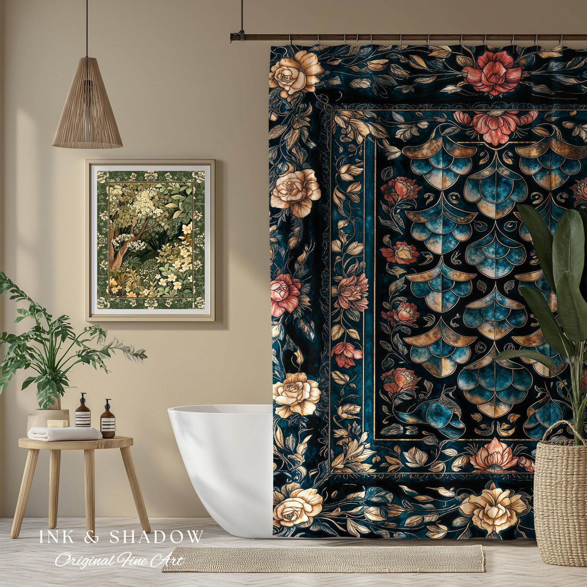 Mystical Dark Dragon Scale Shower Curtain | Goth Baroque Elegance Navy Blue Dark Academia Aesthetic Fairytale Ornate Bathroom Accent Floral