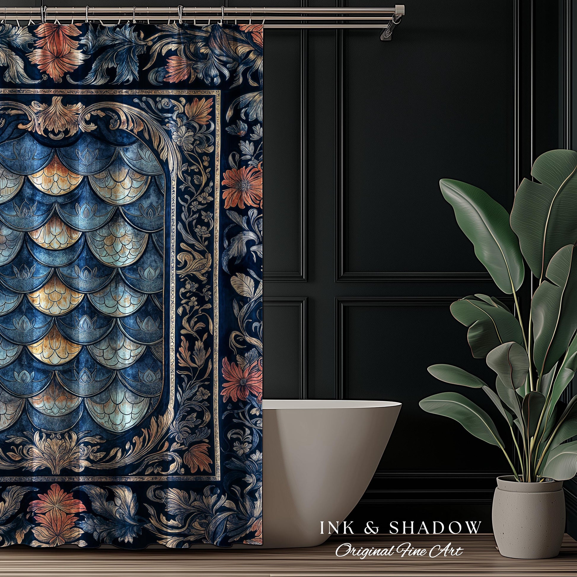 Rustic Medieval Dragon Shower Curtain | Mystic Fairytale Aesthetic Royal Dark Academia Bathroom Moody Botanical Elegance Fairycore Style |
