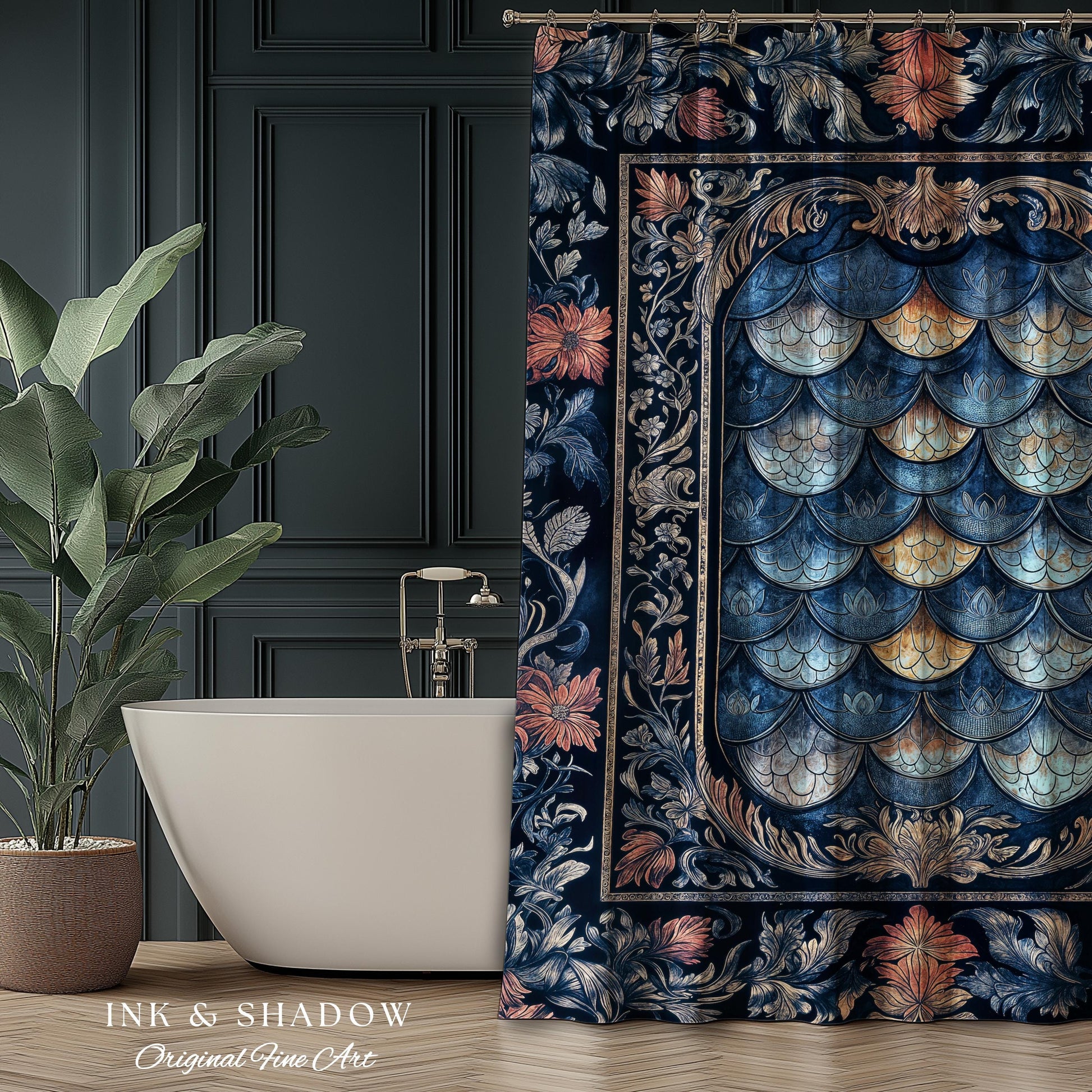 Rustic Medieval Dragon Shower Curtain | Mystic Fairytale Aesthetic Royal Dark Academia Bathroom Moody Botanical Elegance Fairycore Style |