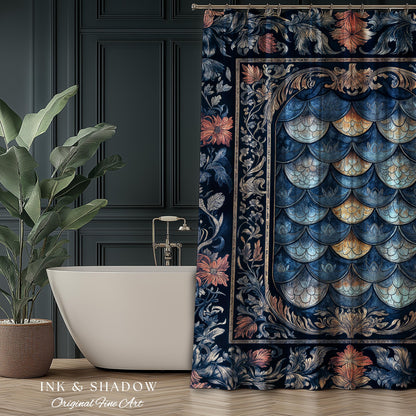 Rustic Medieval Dragon Shower Curtain | Mystic Fairytale Aesthetic Royal Dark Academia Bathroom Moody Botanical Elegance Fairycore Style |