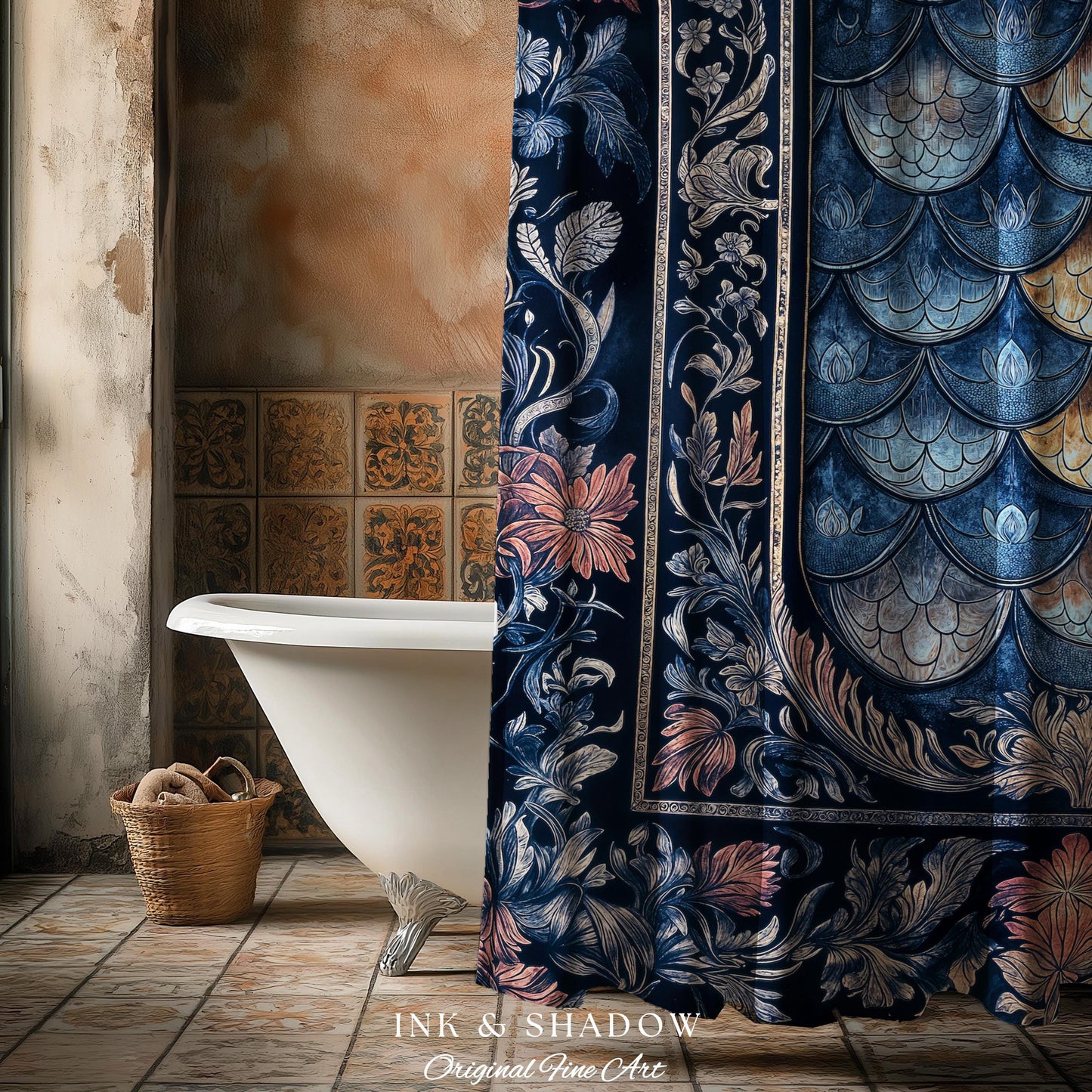 Rustic Medieval Dragon Shower Curtain | Mystic Fairytale Aesthetic Royal Dark Academia Bathroom Moody Botanical Elegance Fairycore Style |